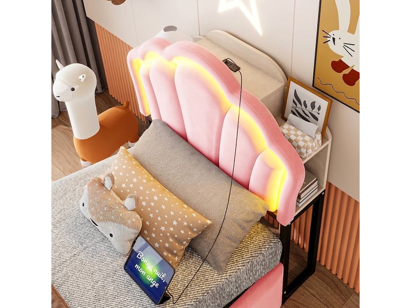  Lit coffre 90x200 velours rose avec tête de lit florale, led et prises intégrées sans matelas  - Conforama E