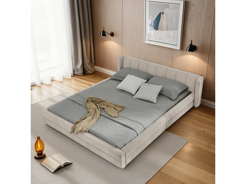 Lit double 160x200 cm en tissu chenille beige, tête de lit confortable et structure métal-bois, sans matelas  - Conforama B