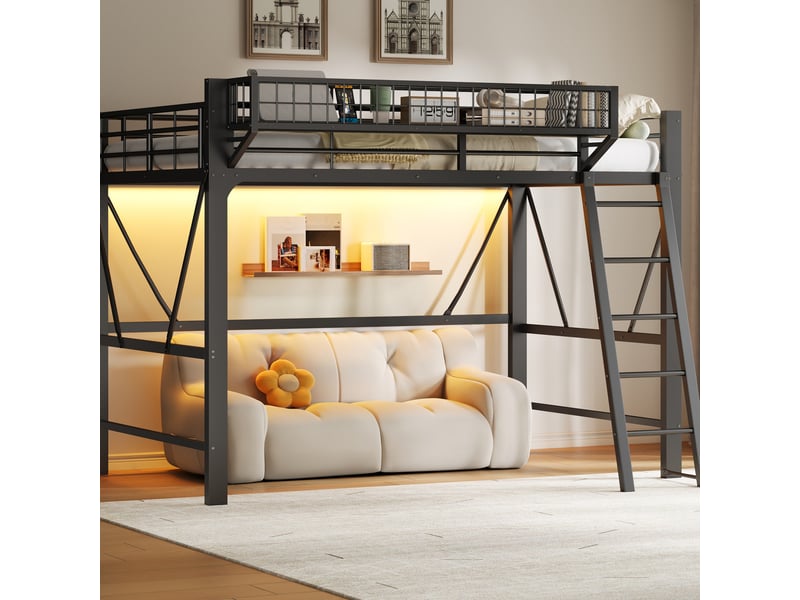  Lit mezzanine 140x200 cm avec panier de rangement métal led noir  - Conforama B