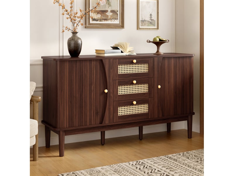  Buffet à portes coulissantes, tiroirs en rotin et étagères réglables, mdf coloris naturel  - Conforama B