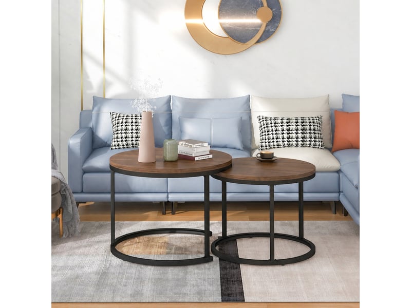  Tables basses rondes gigognes en mdf aspect bois, ensemble de deux tables basses rondes pour salon, marron  - Conforama C