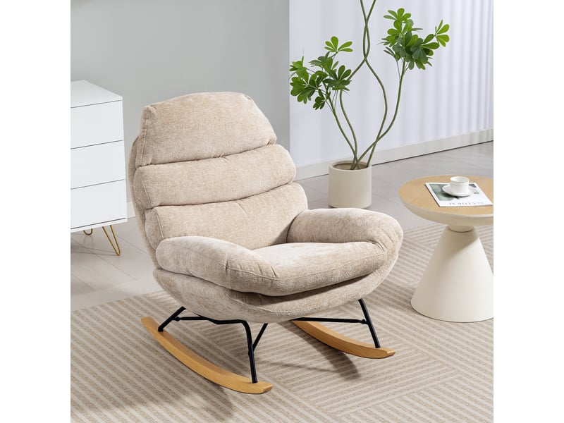  Fauteuil à bascule rembourré avec pieds en acier et patins en bois, blanc crème  - Conforama D