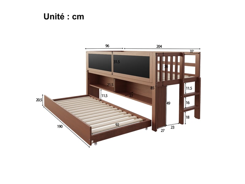  Lit gigogne enfant 90x200 cm - avec lit tiroir, échelle et tableau à gribouillis - bois marron - sans matelas  - Conforama C