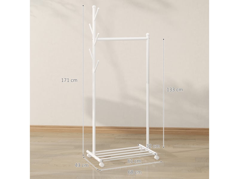 Portant à vêtements à roulettes, 5 crochets, barre de suspension et étagère inférieure pour entrée, 68 x 43 x 171 cm, blanc - Conforama D