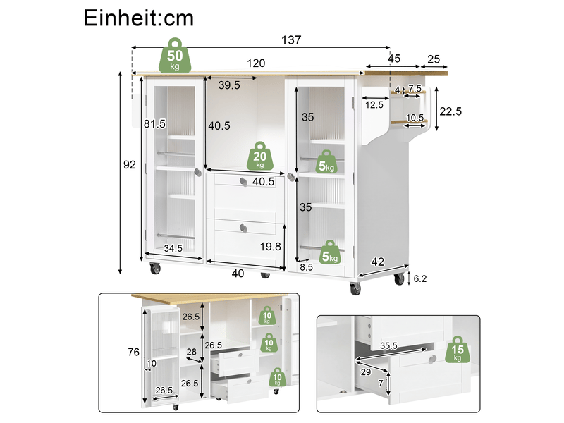 Îlot de cuisine mobile 120 × 45(70) × 92 cm naturel et blanc, mdf, plateau rabattable, 2 tiroirs et porte-épices - Conforama B
