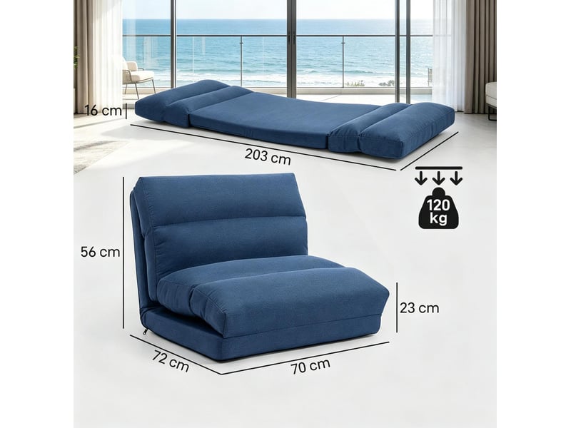  Canapé de sol convertible bleu en tissu polyester, dossier inclinable 90°–180°, idéal pour se détendre  - Conforama C