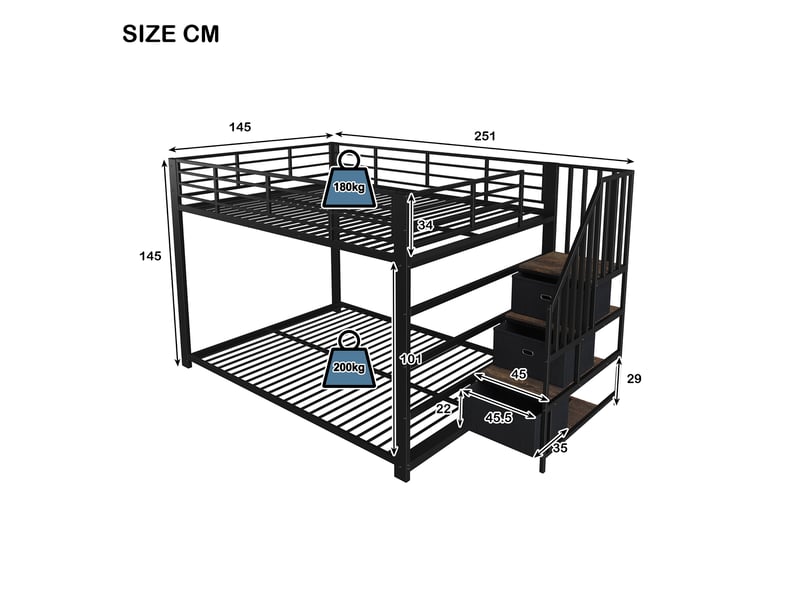  Lit superposé 4 places 140 x 200 cm avec escalier de rangement réversible, led et prises secteurusb, lit en métal noir avec garde-corps  - Conforama D