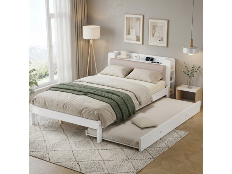  Lit blanc 120x200 avec lit gigogne 90x190 – bois, tête de lit rembourrée, étagère, station de charge et rangement  - Conforama E