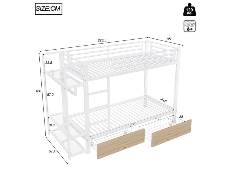 Lit superposé enfant 90 x 200 cm en métal avec led, rangements et tiroirs, blanc - Conforama C