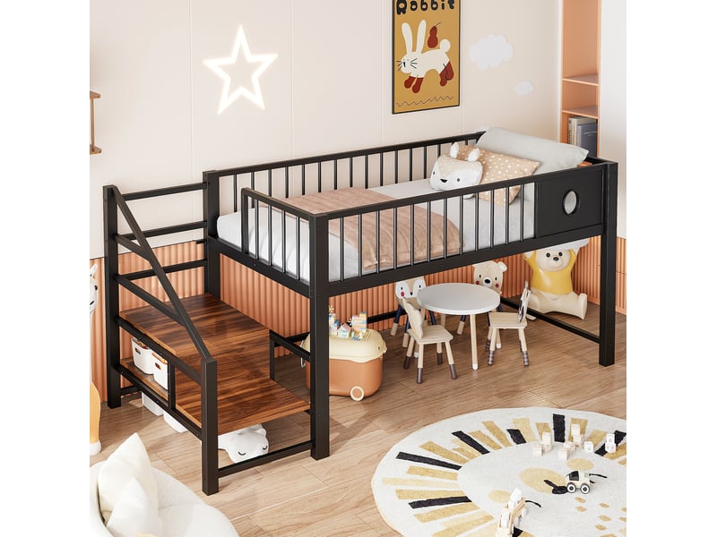  Modenvie lit mezzanine bas enfant 90x200 cm - structure métallique, avec échelle de rangement, sans matelas - noir  - Conforama B