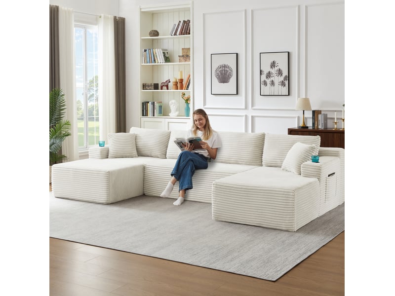 Canapé modulable en u 6 places sans structure rigide, en velours côtelé beige - Conforama D