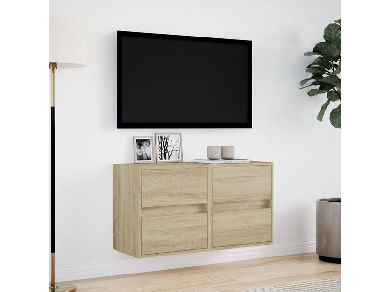 Lot de 2 meuble tv mural avec lumières led chêne sonoma 41x31x45 cm shl43154 - Conforama D