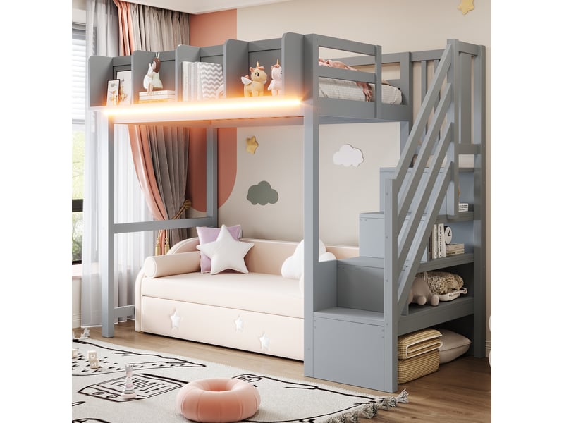  Lit mezzanine 90x200 cm avec rangements et éclairage led en bois gris  - Conforama B