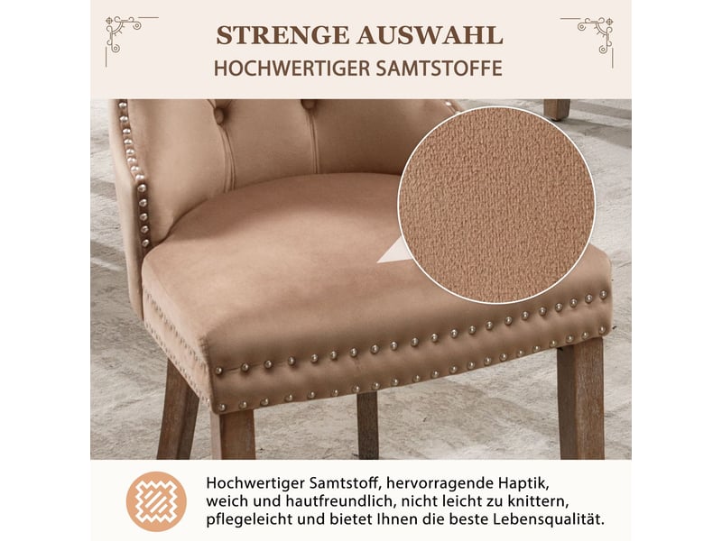  Chaise de salle à manger lot de 6, velours rembourrée structure bois massif, boutons décoratifs poignée cercle  - Conforama E