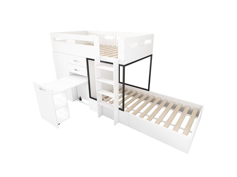 Lit superposé enfant 90x200 cm – blanc et noir – bureau coulissant, armoire et 2 tiroirs – sans matelas - Conforama D