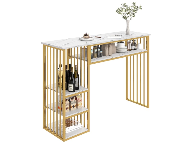 Table de bar,140x40x105 cm,avec rangement,mdf,effet marbre blanc et doré - Conforama A