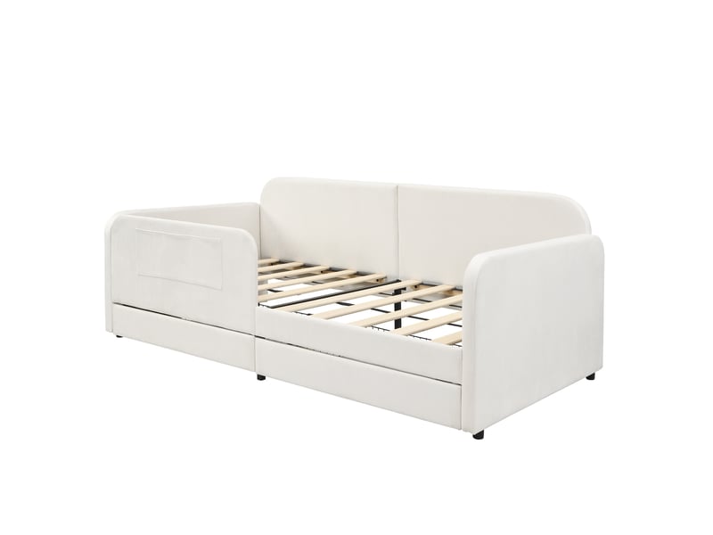  Lit banquette 90x200 cm blanc – métal et bois, velours, 2 tiroirs, poches de rangement, sans matelas  - Conforama A