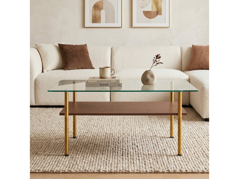  Table basse rectangulaire double niveau - lpospi - plateau en verre, étagère mdf, métal doré, marron 98 × 58 × 45 cm  - Conforama C
