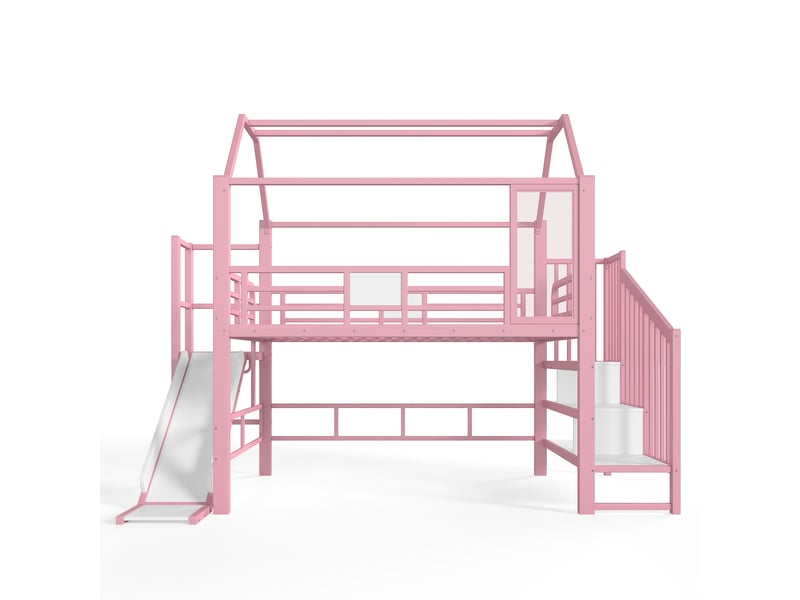  Lit mezzanine enfant rose 140 × 200 cm, forme maison, toboggan, escalier, rangement et led  - Conforama A