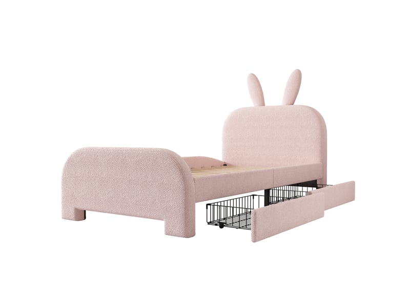  Lit enfant 90x200 cm, tiroirs, forme de lapin, dessin style cartoon, sommier, peluche rose, sans matelas  - Conforama D