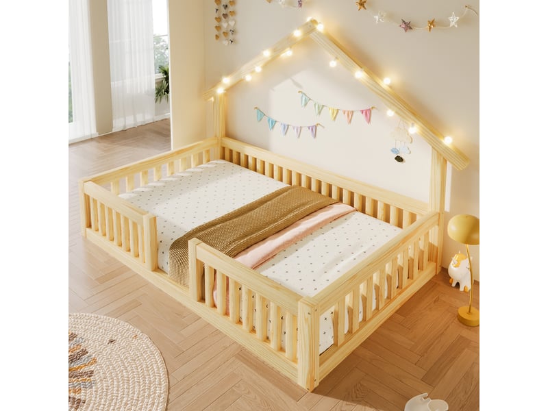  Lit cabane 90x200 cm en bois naturel - lit au sol avec barrière et guirlande lumineuse led  - Conforama E