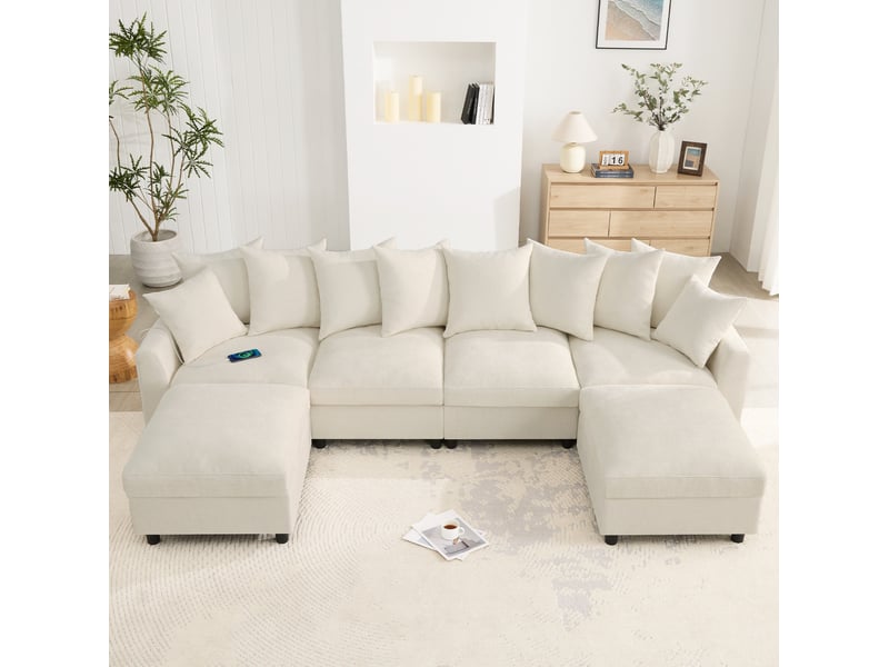 Canapé d'angle modulable 283x153,5x78,5 cm, 4 places avec 2 poufs, beige - Conforama D