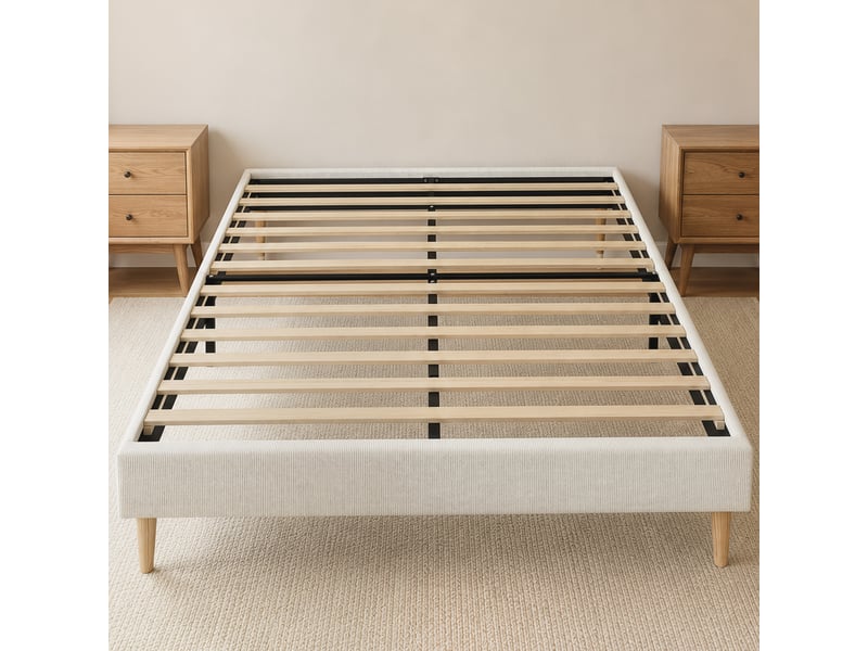  Cadre de lit 160 x 200 cm rembourré en velours côtelé crème avec sommier et rangement dessous  - Conforama C