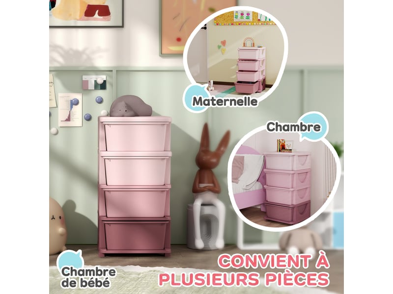  Organisateur de jouets pour enfants avec 4 tiroirs à 4 niveaux, boîtes de rangement en plastique, rose, 37 x 37 x 76 cm  - Conforama R
