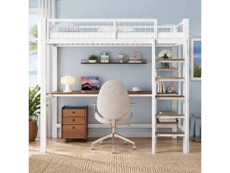  Lit mezzanine enfant 200×90 cm avec bureau et étagères, sans matelas, en métal et bois blanc et naturel  - Conforama B