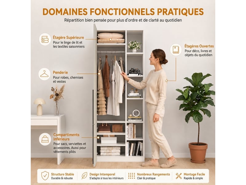 Armoire avec miroir et éclairage led intégré, 110x47x200 cm, finition chêne  - Conforama R