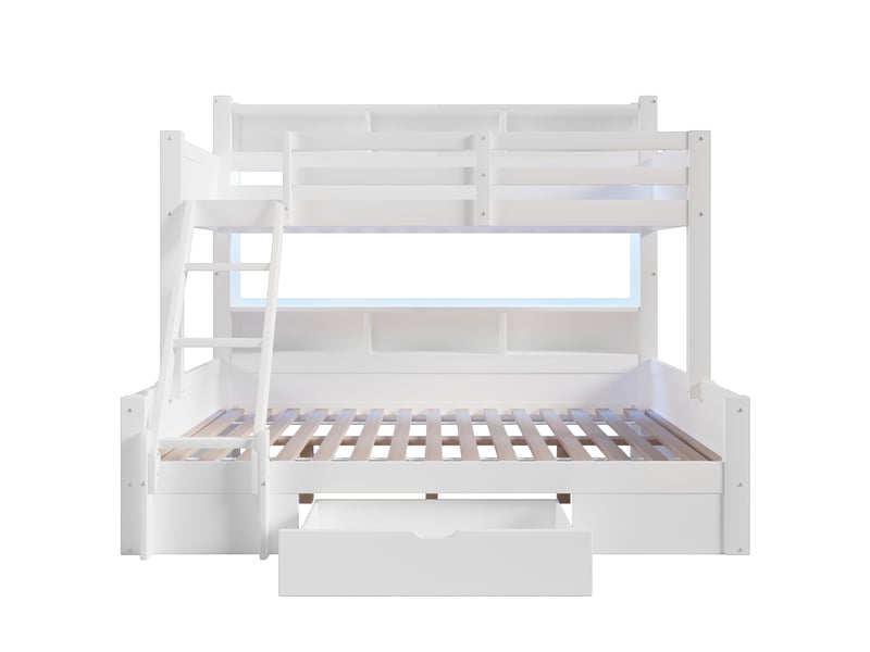  Lit superposé avec rangements, tiroir, échelle réversible et led, blanc, 90x200+140x200 cm  - Conforama A