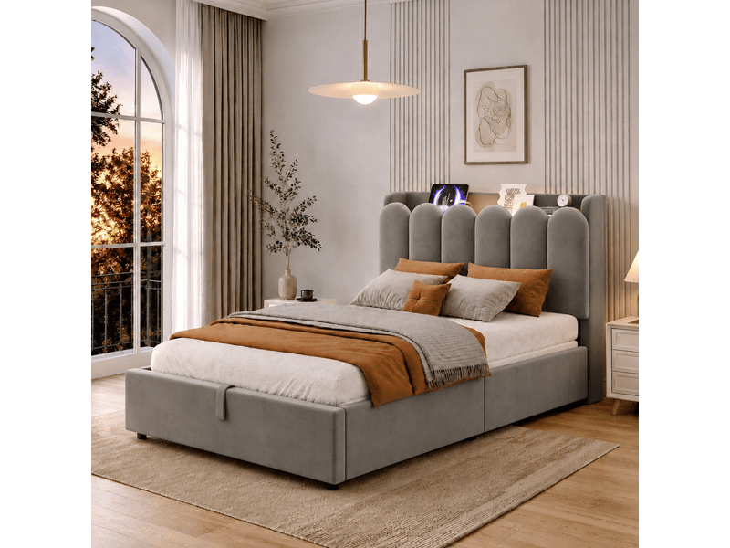  Lit coffre rembourrée 90x200 cm avec usb, type-c et liseuse, rangement hydraulique, velours gris evarich - Conforama E
