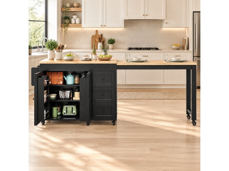  Desserte de cuisine avec 3 tiroirs, placard, étagères latérales et plateau extensible sur roulettes, 116×45×89 cm, noir  - Conforama C