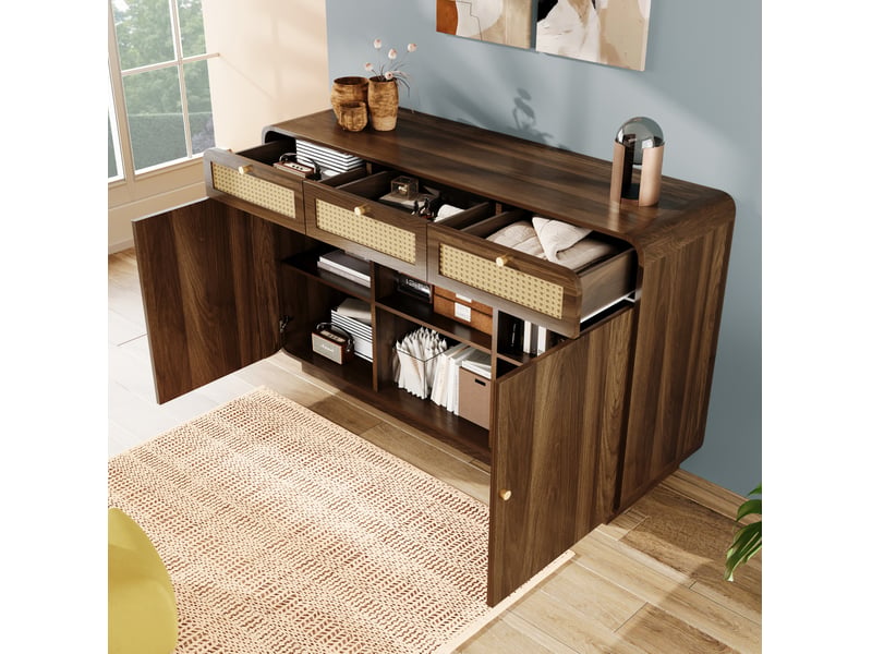 Buffet 120x40x85 cm, 3 tiroirs, 2 placards et étagère ouverte, mdf et panneaux de particules noyer - Conforama D