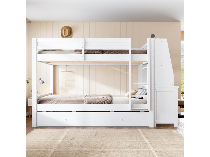  Lit superposé 140 × 200 cm 2 couchages avec bureau, rangements et 2 tiroirs, sans matelas, structure en bois blanc  - Conforama C