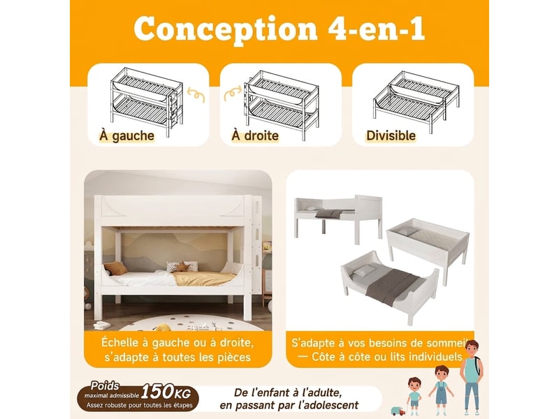  Lit superposé séparable 90x200 blanc forme traîneau avec échelle  - Conforama D