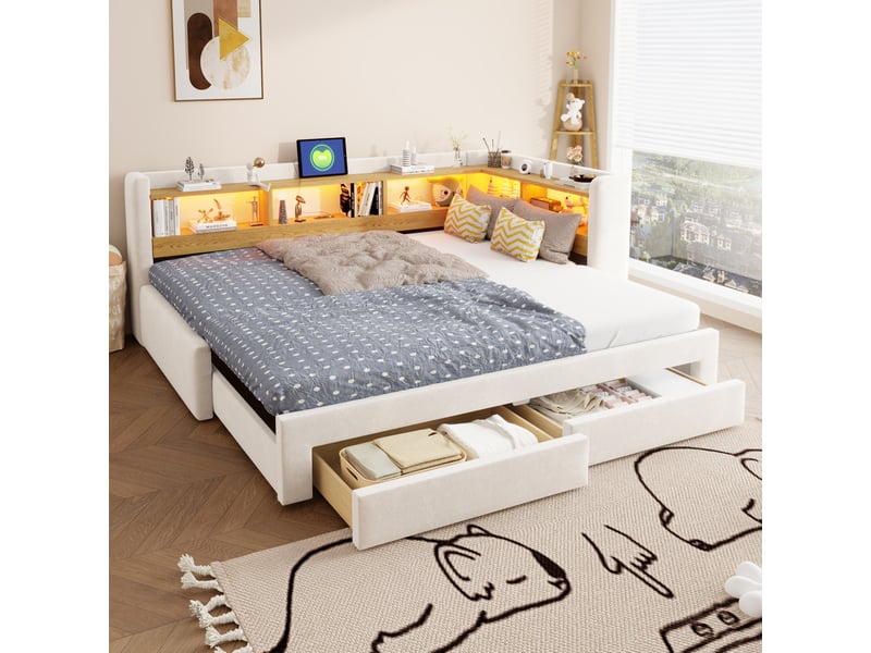 Lit gigogne 3-en-1 90x200 cm ouvert 180x200 cm, tiroirs rangement, led prise, velours métal, beige sans matelas - Conforama B