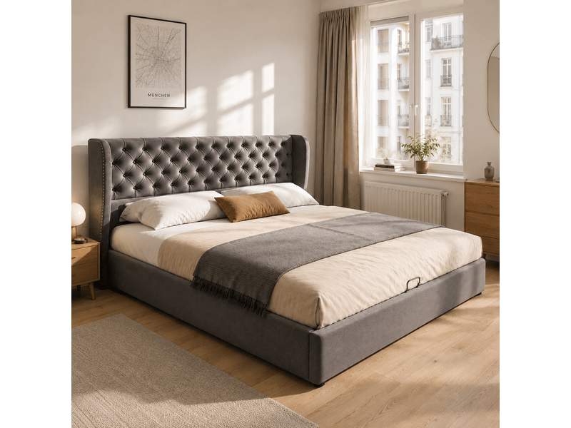  Lit coffre rembourré 180 x 200 cm en velours gris, tête de lit à oreilles capitonnée, sommier à lattes 28986162AAH - Conforama E