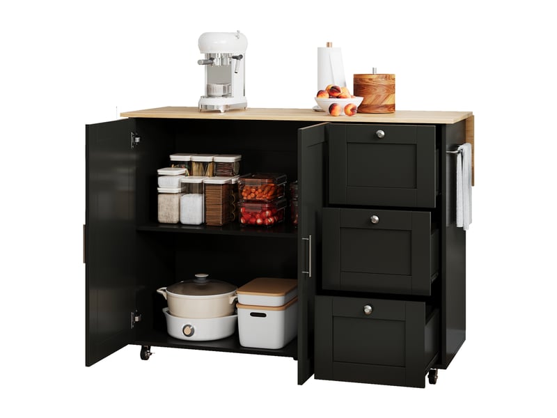  Îlot de cuisine sur roulettes 135 cm avec plateau en chêne, chariot de cuisine avec 3 tiroirs, noir et bois  - Conforama A