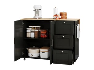 Îlot de cuisine sur roulettes 135 cm avec plateau en chêne, chariot de cuisine avec 3 tiroirs, noir et bois