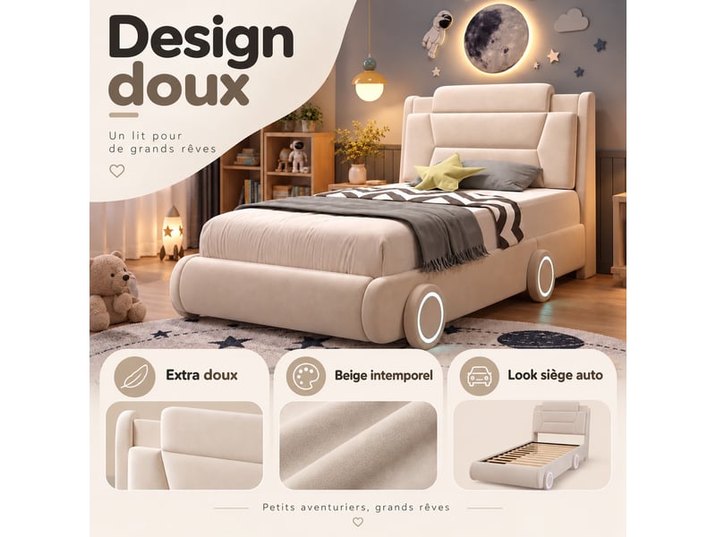  Lit simple 90x200 cm - lit rembourré avec sommier à lattes - flanelle - sans matelas - beige crème  - Conforama E