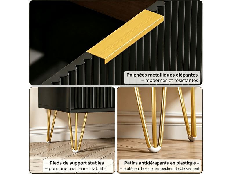  Commode à 6 tiroirs pour la chambre, modèle moderne en bois rainuré avec poignées dorées, meuble à effet marbre pour l’entrée (noir)  - Conforama D
