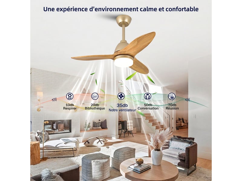  Ventilateur de plafond 92 cm, pales en bois massif naturel, moteur dc réversible silencieux avec lumière dimmable pour salon et chambre  - Conforama C