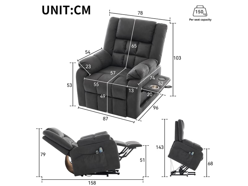  Fauteuil relax électrique - 87x96x103cm - aide au lever, massage chauffant 8 points, tablette porte-gobelet, usb - gris  - Conforama E
