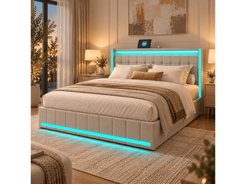  Lit double rembourré 160x200 cm,led et chargement usb, 4 tiroirs,sommier à lattes,lit 2 personnes pour adultes, lin ,beige  - Conforama B
