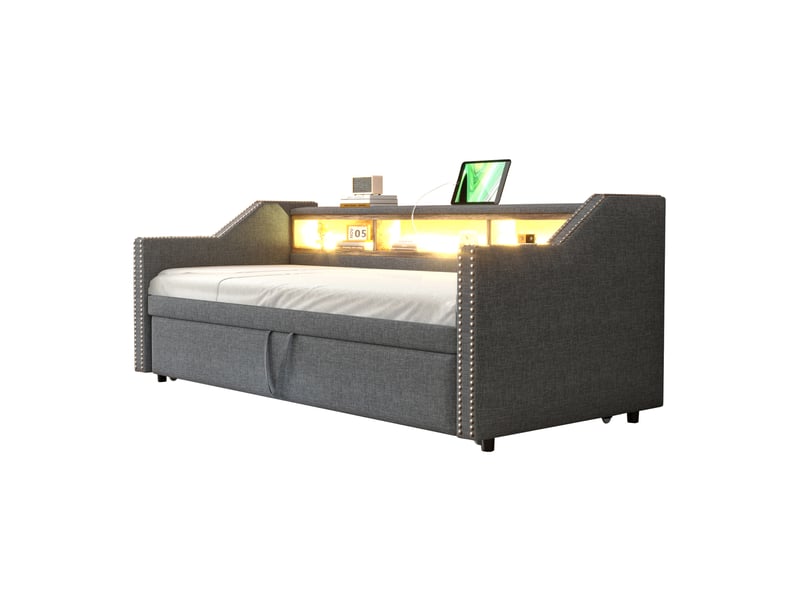  Modenvie banquette lit gigogne 90180x190 cm - led, port usb, rangement latéral, 2 matelas inclus - gris  - Conforama A