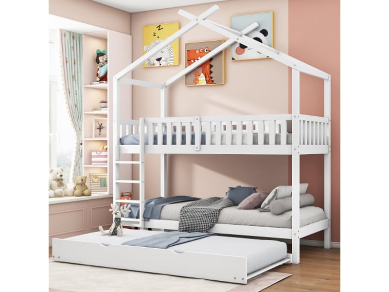  Lit enfant 90x200cm,lit superposé,lit gigogne,lit cabane en bois massif avec échelle d'escalade,blanc lit enfant blanc - Conforama B