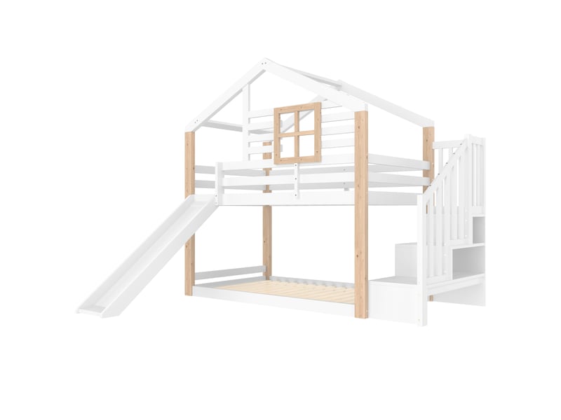 Lit superposé enfant scandinave avec rangement, bois massif, blanc - Conforama D
