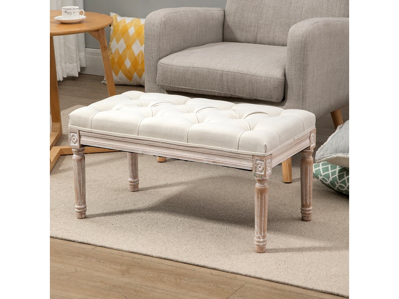  Banc de lit capitonné style vintage français 80x40x43 cm – pouf banquette repose-pieds en tissu aspect lin avec pieds en bois massif sculptés – blanc crème  - Conforama C