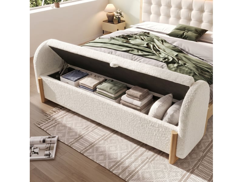 Banc coffre de bout de lit 146x47x61 cm en tissu chenille bouclé blanc - Conforama D